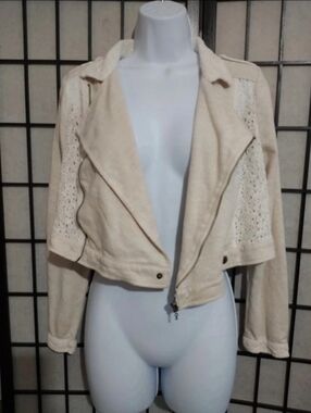 Cream and Lace Crop Moto Jacket sz M